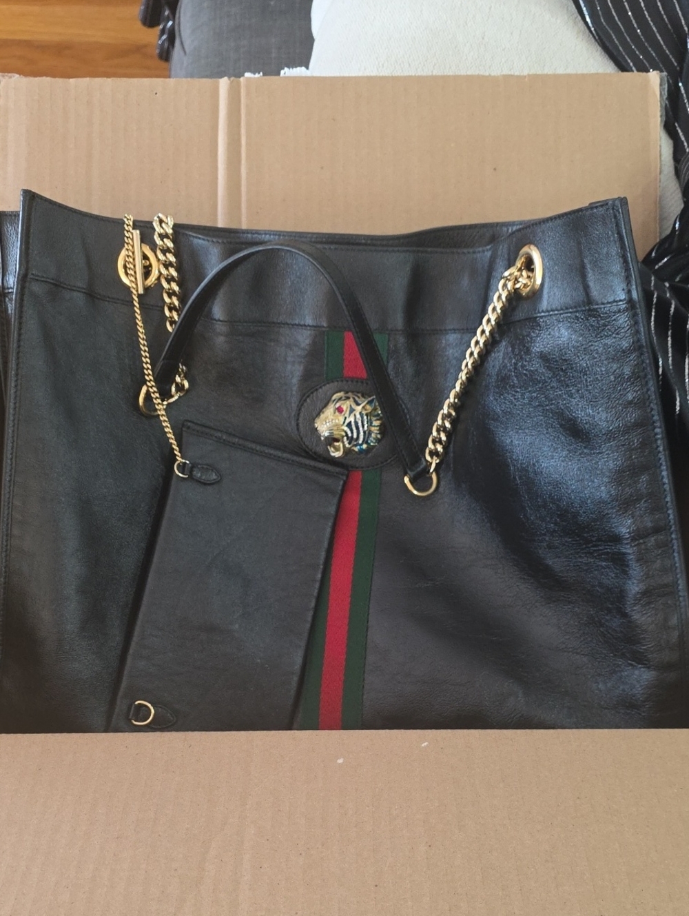 Gucci Black Leather Tote with Red & Green Web and Gold Hardware